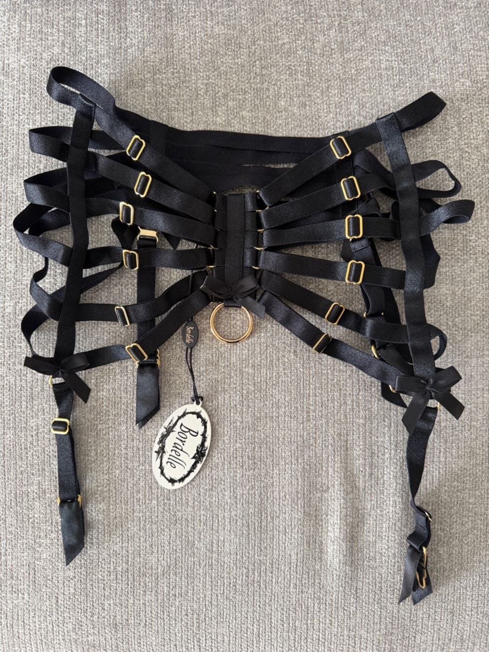 Bordelle Black Satin Strappy Harness Belt with Gold Rings